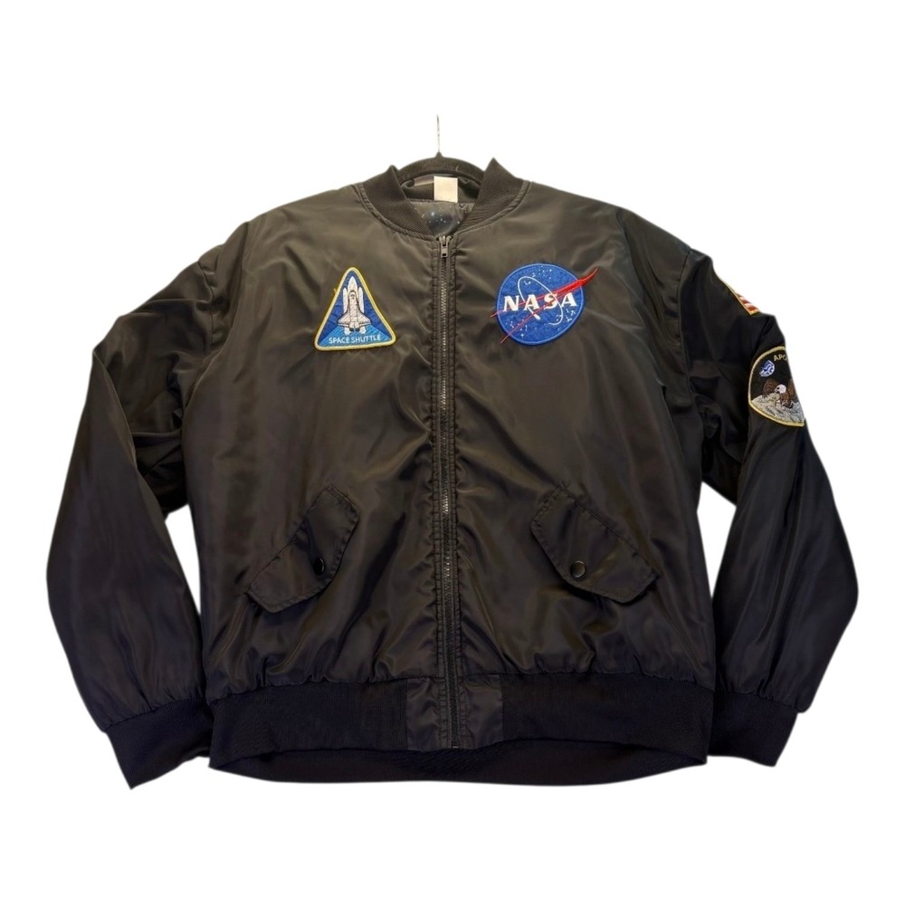 Spirit NASA Bomber Jacket Men's Large Black Flight Jacket Apollo 11 Patches